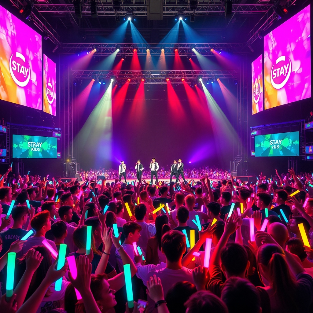 많은 팬을 보유한 스트레이 키즈의 한국 콘서트 현장을 담은 실제 사진입니다.3
