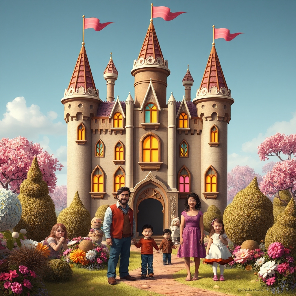قصر شکلاتی با پنجره های آبنباتی و باغچه ی بیسکوئیتی که ۵ نفر اعضای خانواده کنارش ایستاده اند1