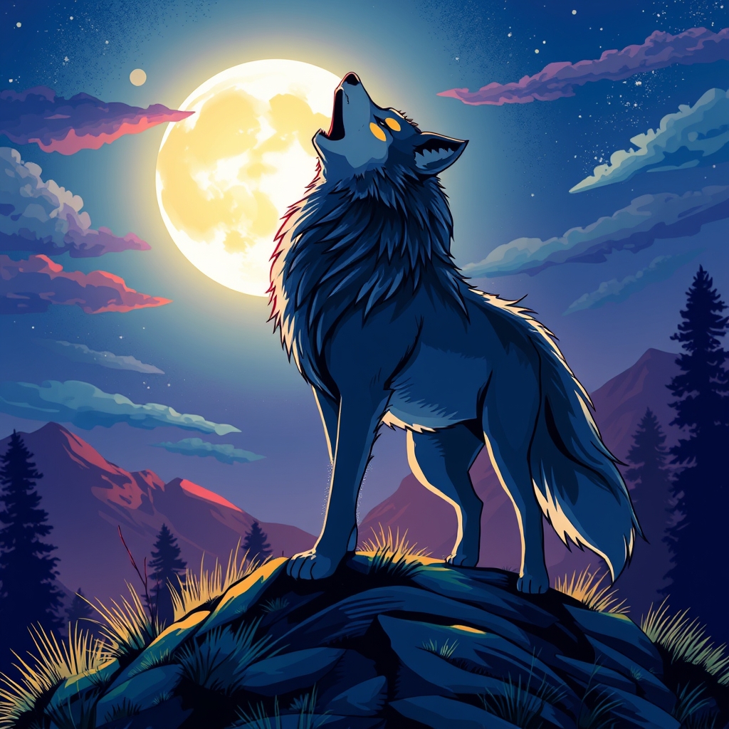 🐺🌕عکس گرگی که روی یک تبه ایستاده و دارد زیر نور ماه کامل زوزه میکشد🌕🐺15