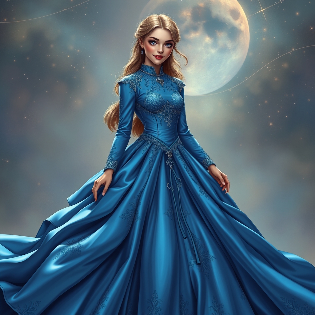 زیباترین لباس پرنسس در کل دنیا که پف پفی است
و رنگ آن آبی دریایی است و دختری به سفیدی و زیبایی مروارید و چشمان آبی و بنفش که بسیار زیبا می‌خندد 16