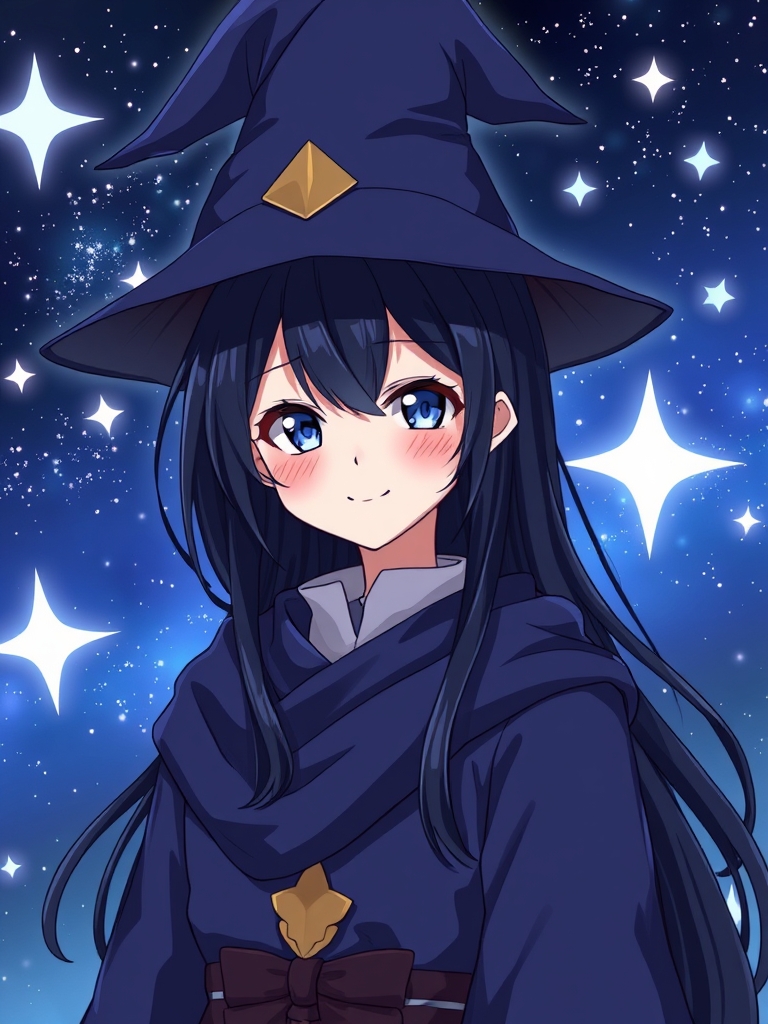 جادوگر ستاره ها با لباسی هم رنگ شب، کلاهی بزرگ و زیبا بر روی سر دارد.
او موهای به شدت سیاهی و پوستی سفید مانند برف دارد با گونه های سرخ لبخند زیبایی بر روی صورت نشسته است و چشم های آبی زیبایی دارد و پشت سرش صحنه زیبایی از ستاره ها دیده می شود.6
