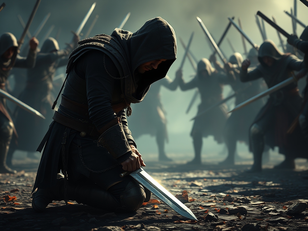 یک تصویر حماسی از یک جنگجو به شکل اساسین کرید خسته که دو زانو نشسته به شمشیرش تکیه داده. پشت سرش تعدادی از دشمنانش محاصرش کردند شمشیر به دست به او نزدیک میشوند و مبارزه طلبی میکنند.
جزئیات جنگجو: لباس های سیاه مثل شبح، زخمی (صورتش رو به زمینه تو تصویر معلوم نباشه)
9