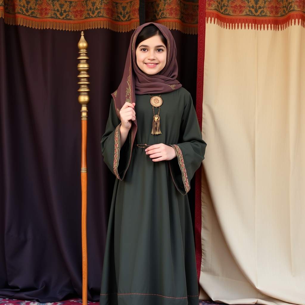 دختر بچه ای که باحجاب است و داره نقالی میکنه و لباس مخصوص نقالی به تن دارد و با عصای نقالی روی پرده نقالی دارد نقالی اجرا می کند که این عکس کاملا به هویت ایرانی اشاره داشته باشد22