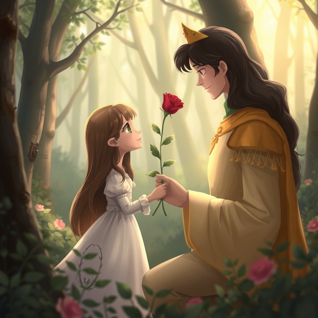 شاهزاده ای که در جنگل به دختری گل رز می دهد. دختر موهایش بلند باشد با پیراهنی سفید رنگ.12