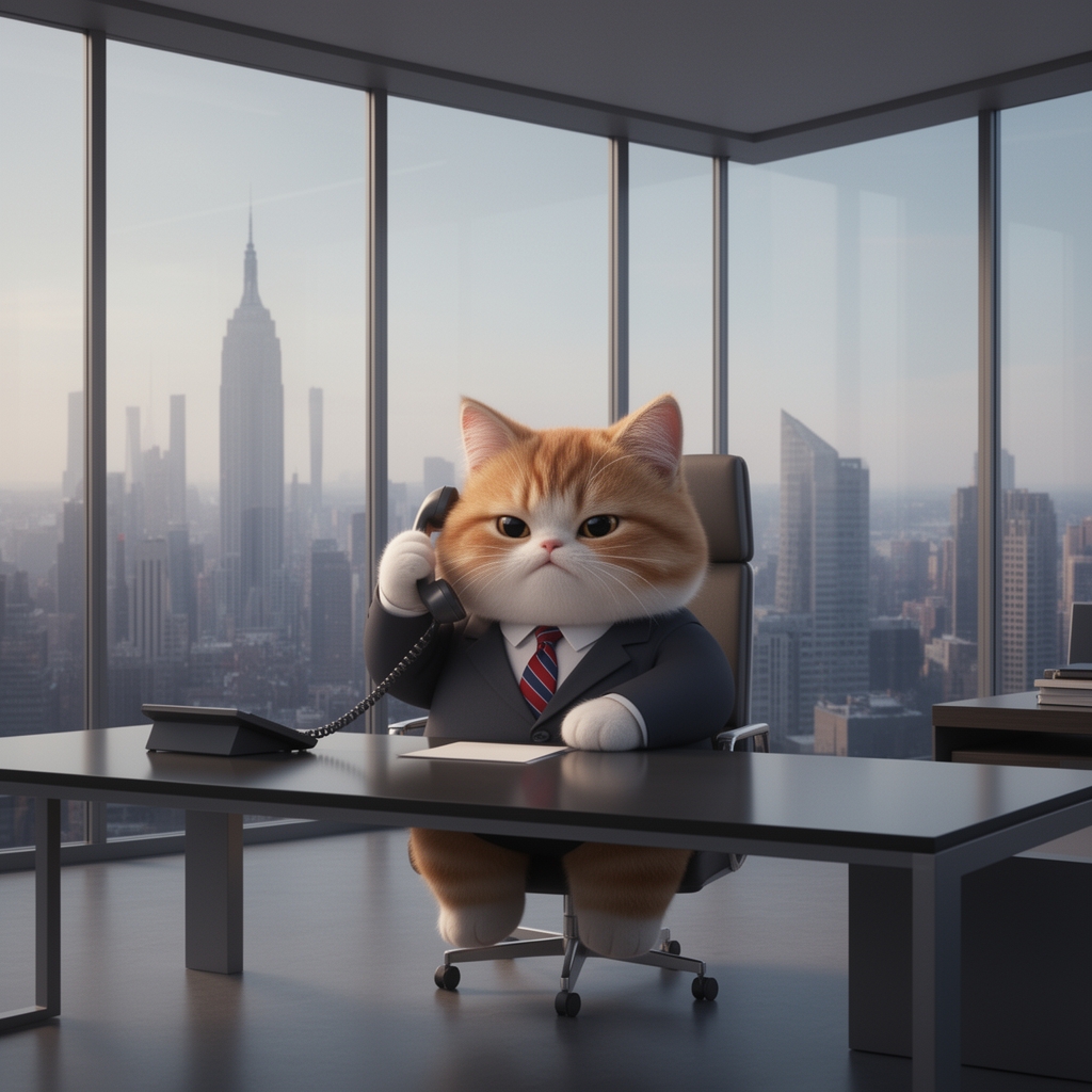 گربهای چاق و بامزه با کت و شلوار رسمی و کراوات که پشت میز مدیریت نشسته و با تلفن صحبت میکند، دفتر کار شیشهای در آسمانخراش.1