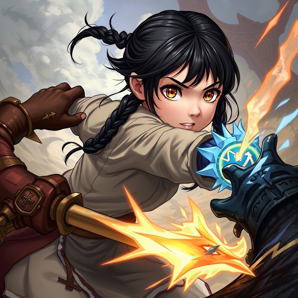 یه دختر با موهای سیاه و دو کیس و چشای قهوه‌ای روشن در حال مبارزه با حریف 12