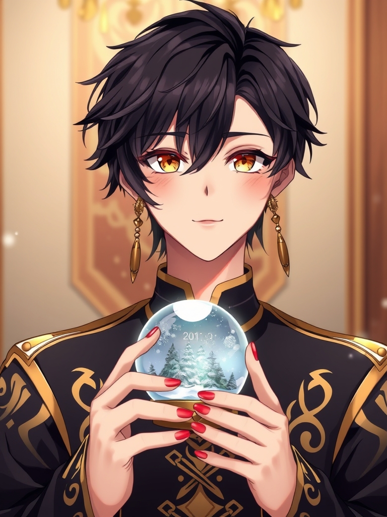 مرد جوان 20 ساله با مو های مشکی ای ، پوست سفید ، گونه های صورتی و چشم های زرد کریستالی ، که یه پیراهن مشکی و طلایی اشرافی پوشیده گوشواره ودر دستانش گوی برفی باشه15