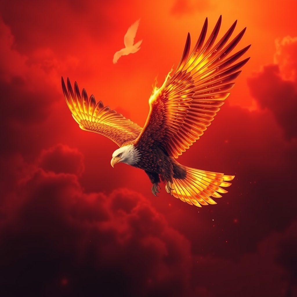 یک عقاب باشکوه با پرهایی از جنس آتش، در حال پرواز در آسمان قرمز نمایشی.0