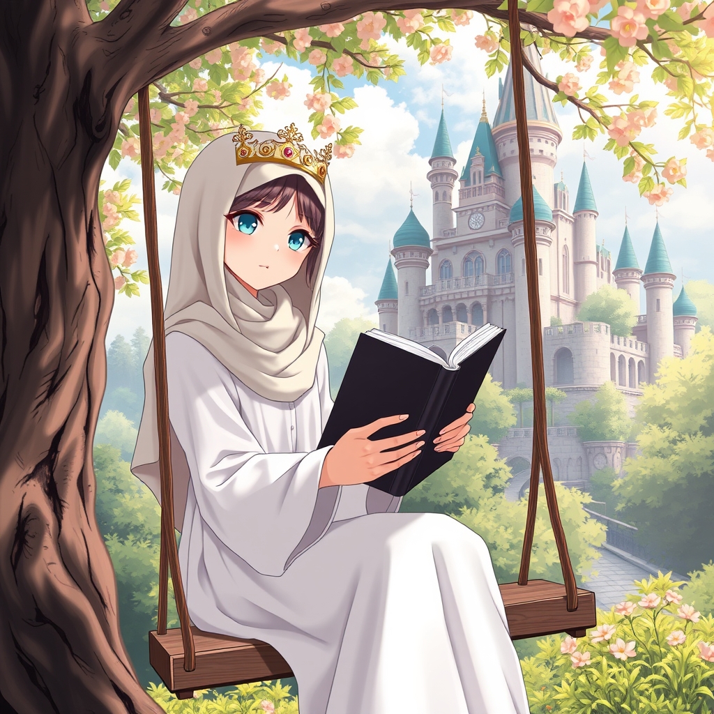 دختری با موها بلند و چشم فیروزه ای ، لبی قرمز کتابی در دست گرفته است و روی تابی درخت تابستانه نشسته است و مشغول خواندن کتاب است . تاج خیلی خیلی زیبایی دارد و لباس سفید سلطنتی پوشیده و پشت سرش قصری زیبا و بزرگ قرار دارد12