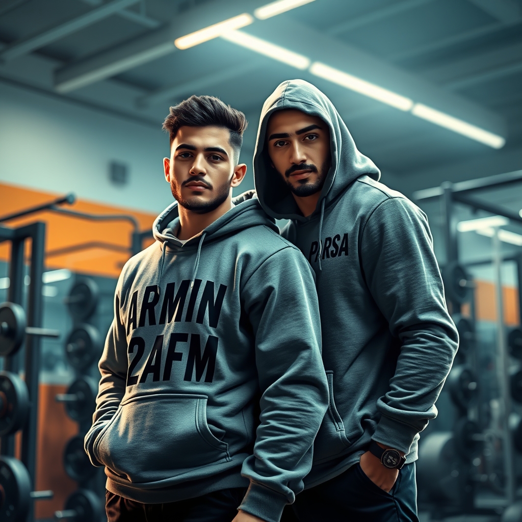 آرمین زارعی خواننده رپ ایرانی کنار پسری هست داخل باشگاه بدنسازی روی هودی آرمین زارعی نوسته ARMIN 2AFM و روی هودی پسر بغلیش پارسا نوشته PARSA با رنگ طوسی روی هودی سفید. هردو بدنساز هستن1