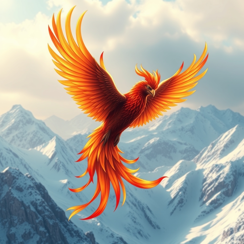 یک پرنده سیمرغ افسانه‌ای ایرانی با رنگ‌های زنده، در حال پرواز بر فراز کوه‌های برفی.15