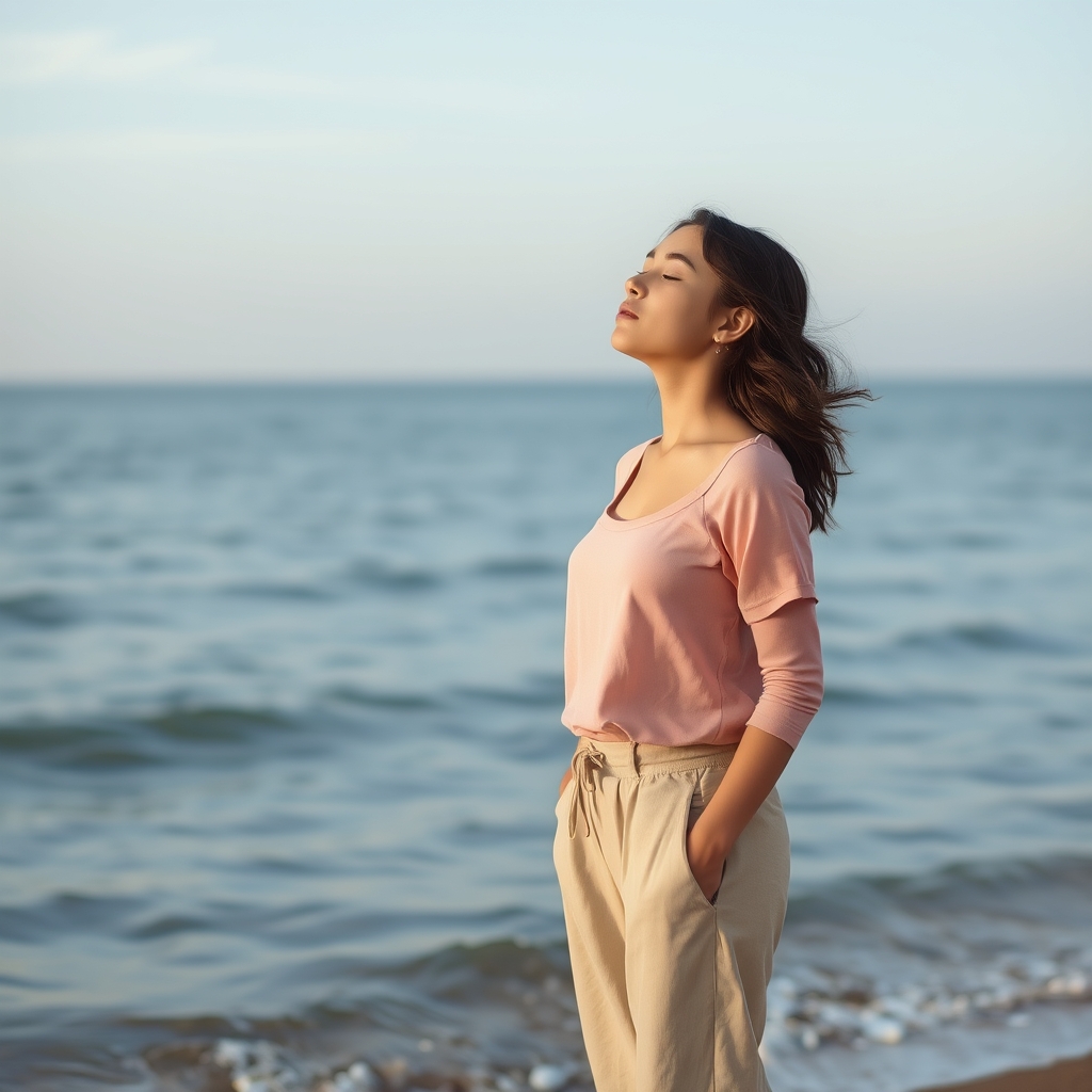 دختری نوجوان  در ساحل  با شلوارک و پیراهن صورتی کوتاه
 در حال آه کشیدن اینطوری آههههه از سر تا پا 
1