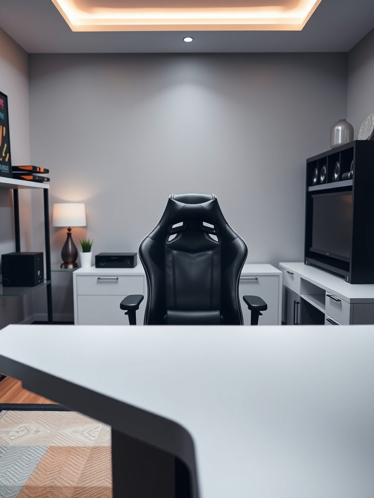 سلام یه عکس بده بهم که فقط یه اتاق گیمینگ خیلی شیک باشه زاویه دوربین از پشت میز و یک صندلی گیمینگ خوشگل هم پشت میز صاف وجود داشته باشه بدونه  اینکه هیچ کسی پشت میز نشسته باشه2