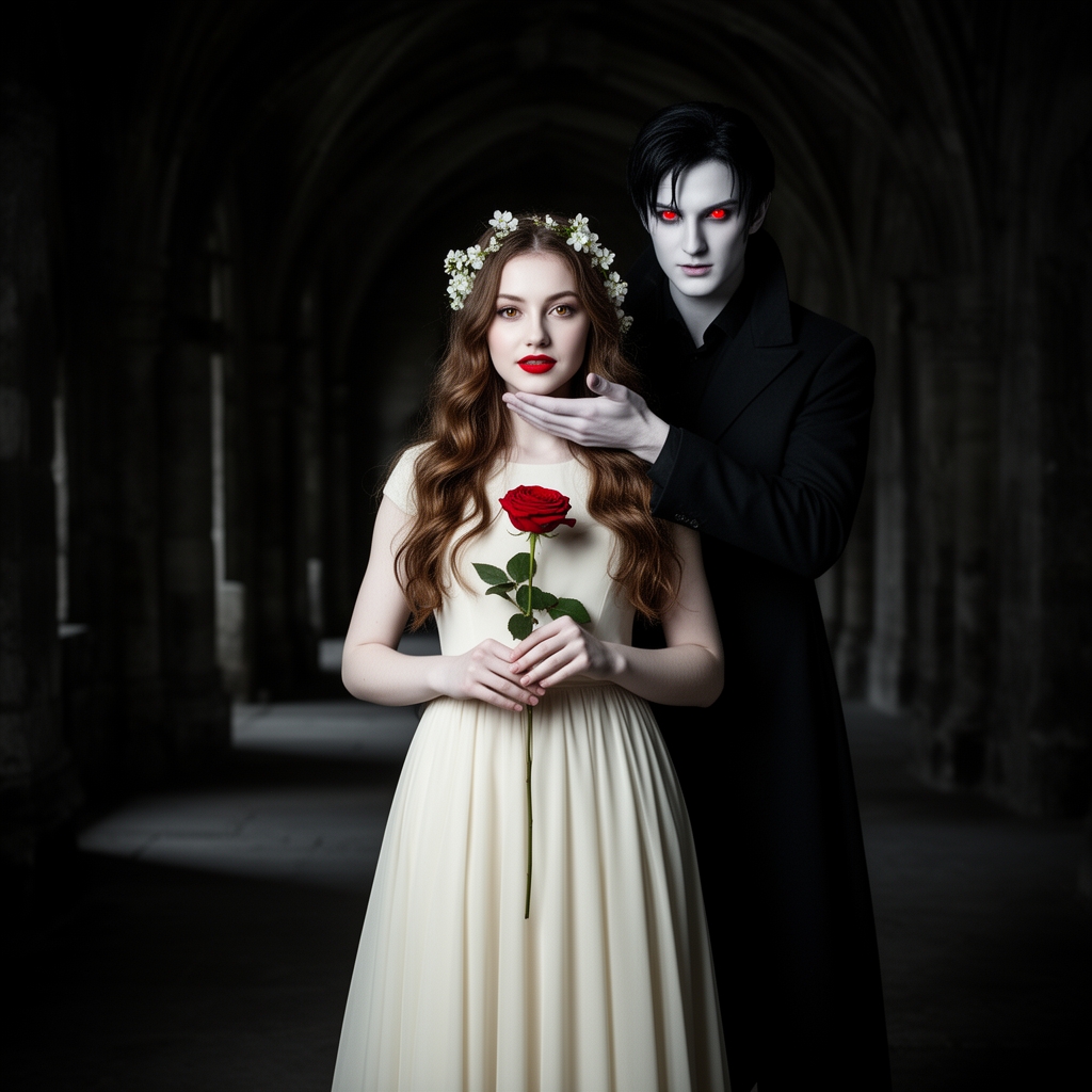 زیباترین زن جوان در جهان حتی در رویایی که شکوه خدا را داشته باشد که نظیر آن در دنیا نباشد و همه به او از شدت زیبایی به او سجده کند که با موهای خرمایی حالت‌دار  بلند  و با چشمان عسلی  و با لبانی سرخ  و با پوستی سفید به رنگ برف که پیراهن کرمی دامن‌دار رنگ زیبایی باشد که لای موهایش شکوفه زیبایی باشد و در دستش گل رز قرمزی باشه و پشت سرش تالار تاریک و اسرارآمیز و پشت سرش مرد جوان خوناشام هیولا مانندی با چشمانی سرخ و و با موهای مشکی رنگ با قامتی بلند وبا پوست سفید و دستشو گذاشته باشه زیر چونه زن جوان 0