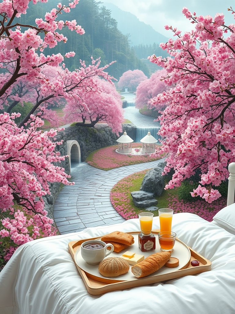 باغ گل رز صورتی جاده ای پرپیچ و خم سنگی 
دو سوی جاده پوشیده کامل از هزاران درخت پرشکوفه صورتی سیب و گل رز صورتی و رودها آبشارها باغ را در برگرفته اند در روز بهاری بارانی 
یک گوشه تخت خواب سفید سلطنتی قرون وسطایی دخترانه و سینی صبحانه 
پر نان کره خامه عسل مربا باقلوا شیر انگور سیب19