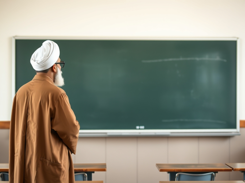 یه عکس از کلاس درس که استاد طلبه عمامه سفید و قبای قهوه ای سمت چپ تخته سیاه ایستاده است نما از پشت سر طلبه باشه و بیشتر تخته معلوم باشد هبچ دانش اموزی معلوم نباشد21
