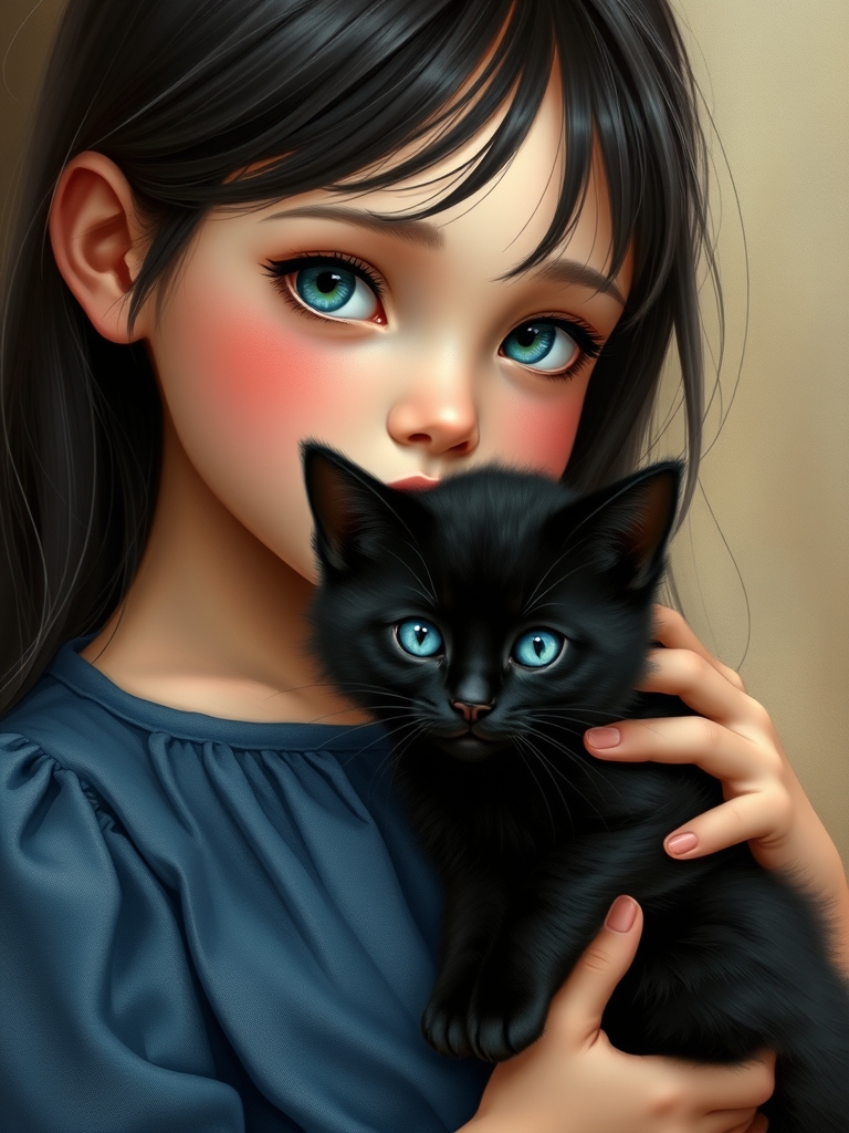 دختری با مو های مشکی بلند و با چشم های آبی کم رنگ که در دستانش یک گربه ی ناز وگوگولی با رنگ مشکی و چشمان گربه آبی کم رنگ و لباس دامندار و پرپری و پف و چین دار و به رنگ ابی و مشکی و لبی همچون گل قرمز و گونه های پر از کک و مک به سبک واقع گرایانه 2