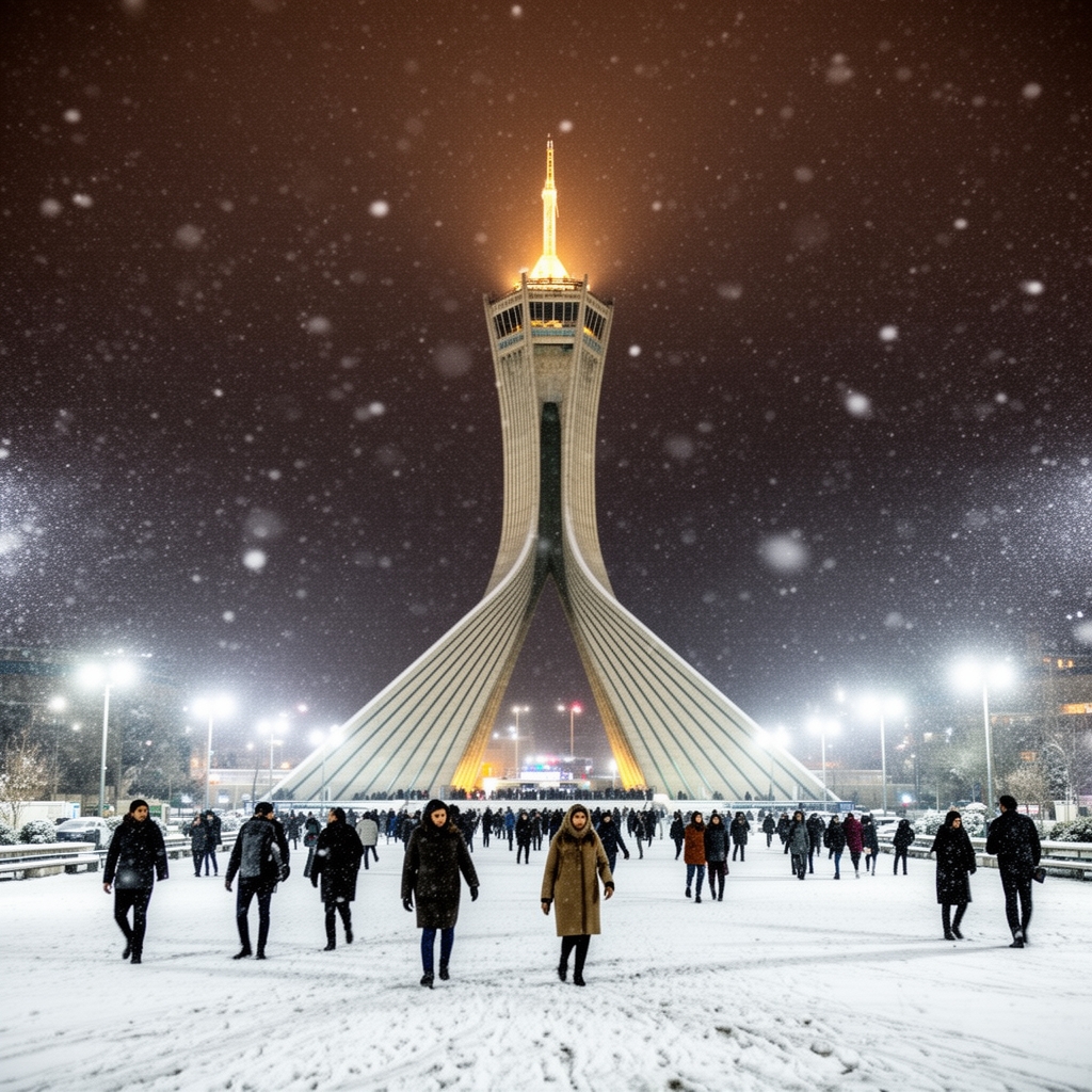  برج میلاد  در شب و درشب برفی که دور وبرش مردم  است2