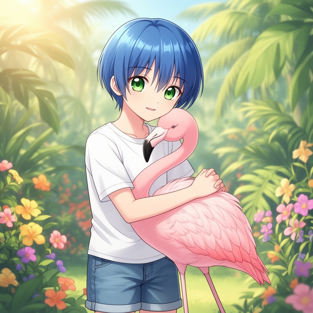 یک پسر بچه با مو های کوتاه وصاف آبی و چشمان سبز یک فلامینگو را بغل کرده 0