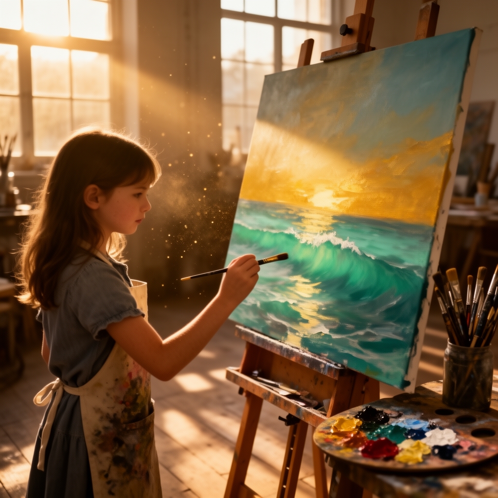 تابلو نقاشی که یک دختر ان را نقاشی میکند و یک دریای زیبا را نقاشی میکند0