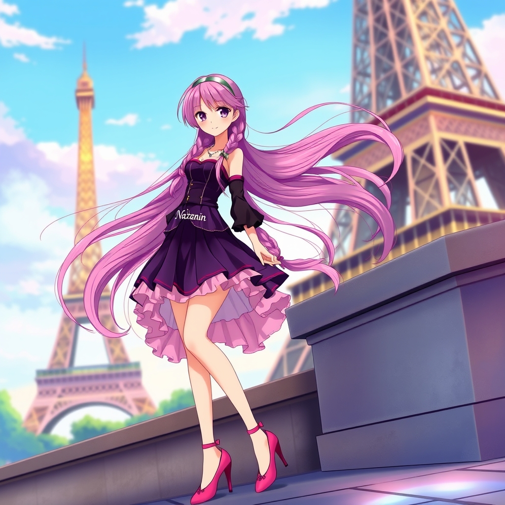 اگه نازنین ملکه روداگه اسم نازنین دختر بوددختری با موهای بلند صورتی و بنفش ولباس بنفش و سیاه که رویش نوشتهnazaninو دامن زیبا ی صورتی و سیاه و کفش پاشنه بلند صورتی و بنفش و موهایش را بافته و در کنار برج ایفل 21