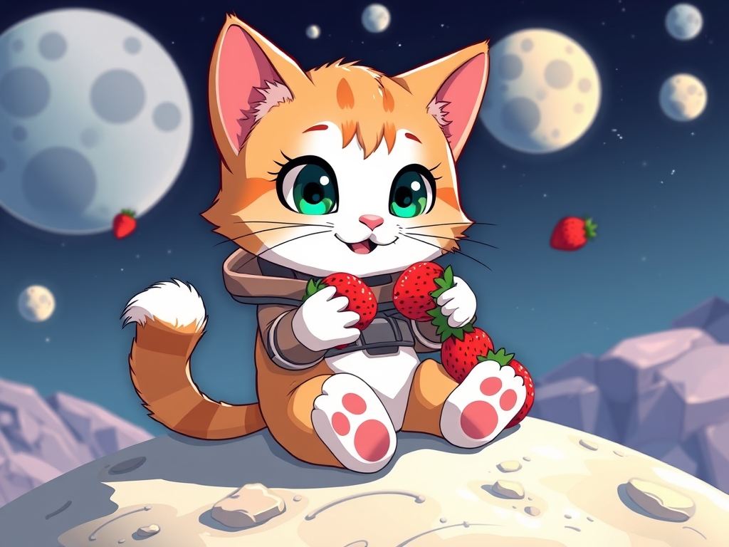 یک پیشی ناناز که روی کره ی ماه نشسته و داره توتفرنگیها میخوره13