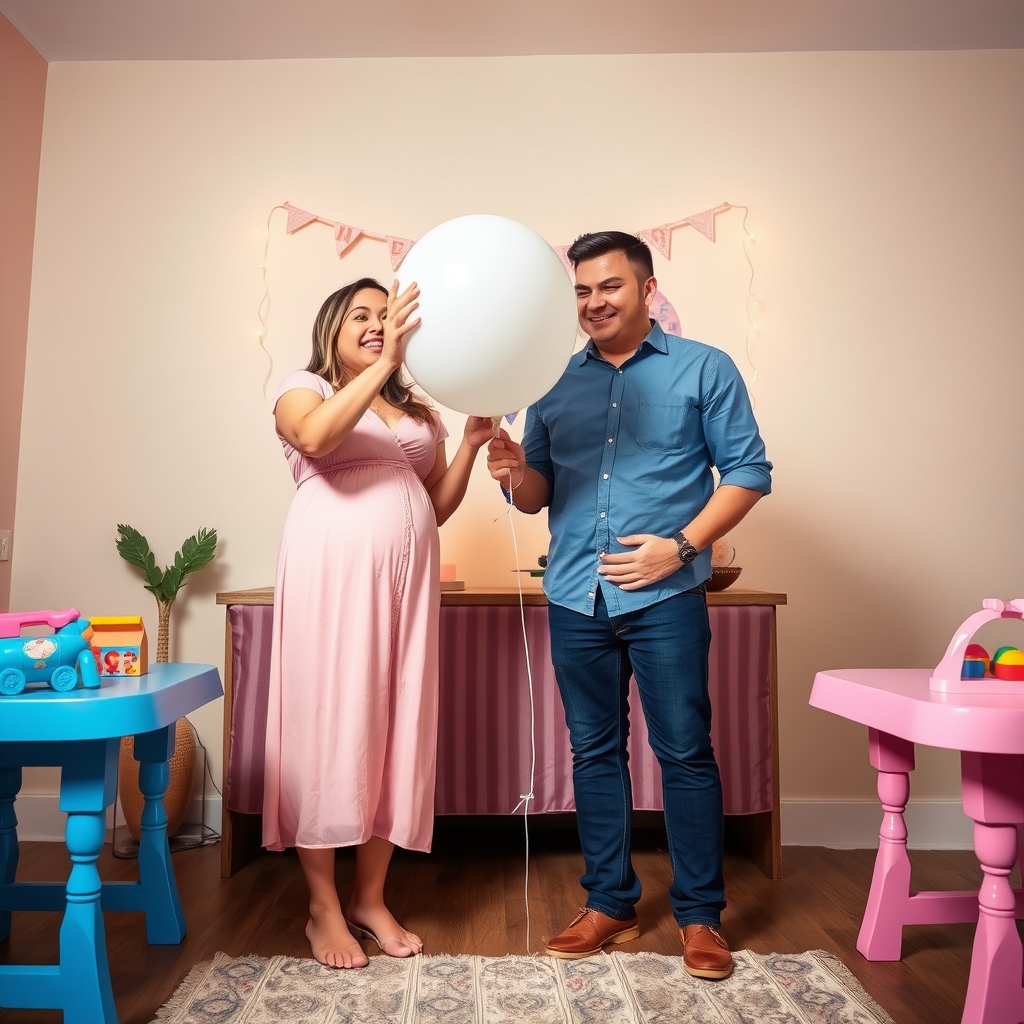 یک جشن تعیین جنسیت که مادر لباس صورتی برش است و پدر لباس آبی تنش است و یک طرف میز اسباب بازی آبی است و یک طرف میز اسباب بازی صورتی است و مادر و پدر در حال ترکوندن بادکنک سفید هستند 2