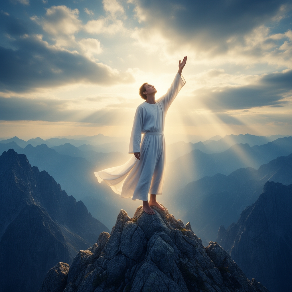 تصویر یک انسان که در نوک یک قله کوه با یک لباس سفید و راحت دستش را به سوی خدا دراز کرده و با او در ارتباط است 5