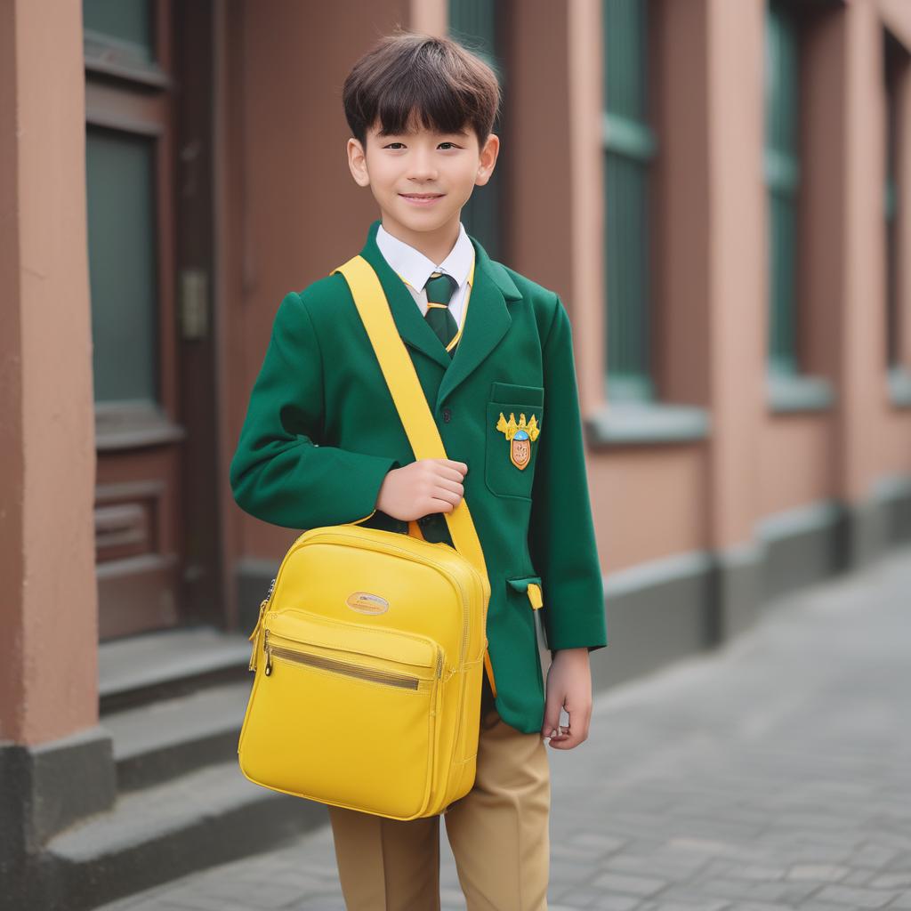 یک پسر بچه با کیف زرد و لباس فرم مدرسه سبز مغز پسته ای با چهره ای زیبا درحال وارد شدن به مدرسه 11