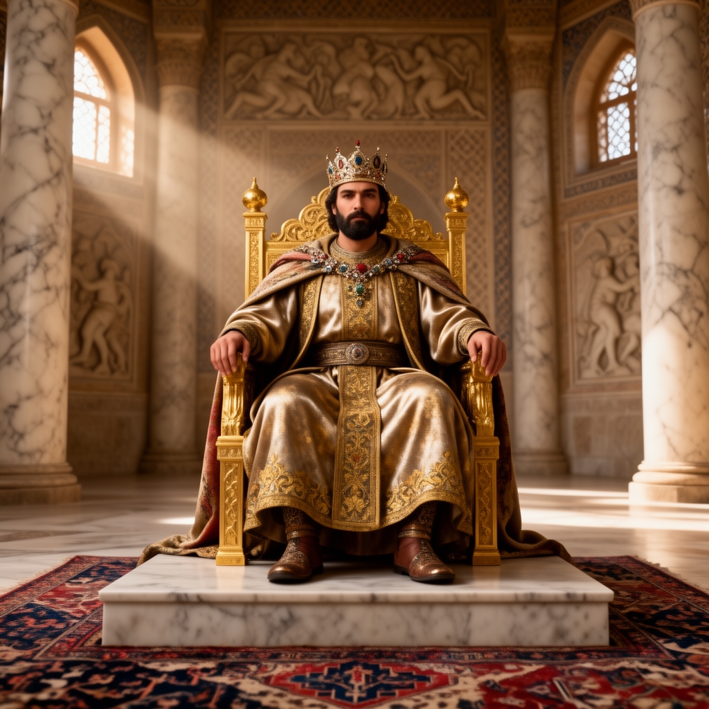 عکس مهرداد دوم پادشاه سلسله اشکانیان ایران باستان با لباسهای فاخر شاهی برروی تخت پادشاهی درون شاه نشین کاخ تمام قد نشسته
0