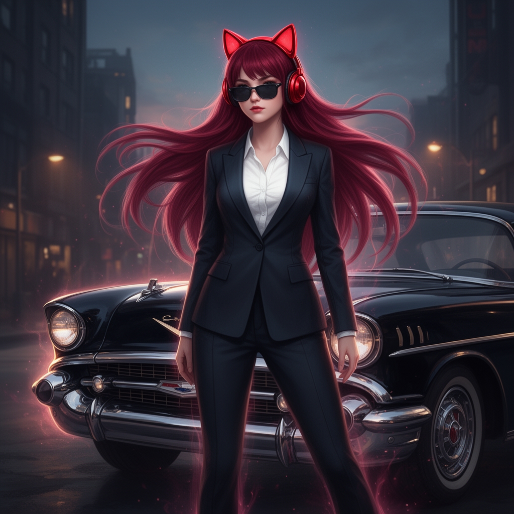 عکس یک دختر خفن که موهای بلند رنگ قرمز که هدفون به شکل گربه ای هست و رنگشم قرمزه و روی سرشه و لباس مافیا تنشه و پیش یک ماشین سیاه وایساده و یک عینک دودی داره3