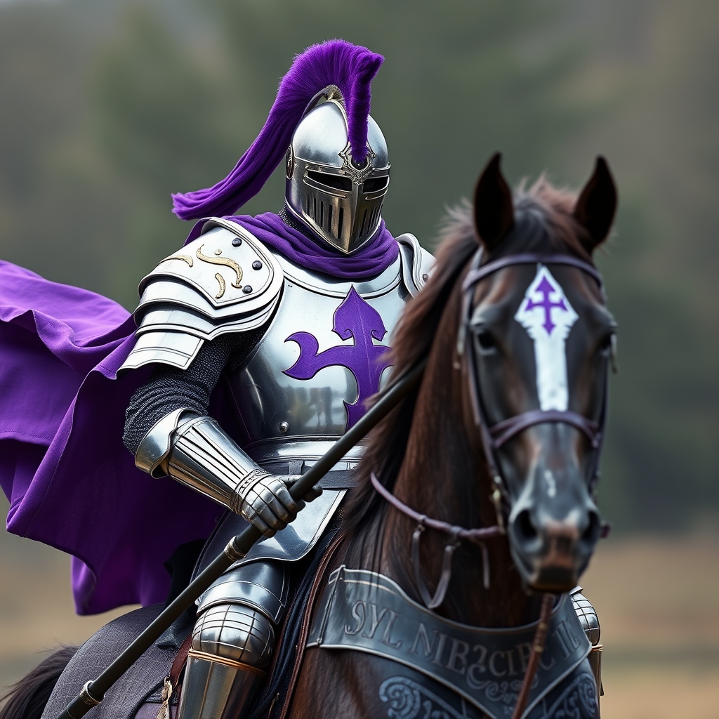 شمشیرزن زره بنفش شنل بنفش کلاه خود بنفش و اسب بنفش20