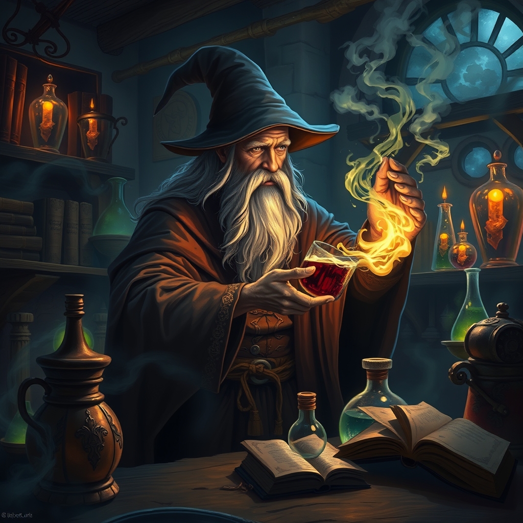 یک جادوگر اسرارآمیز در حال ساختن یک معجون درخشان در آزمایشگاهی تاریک و مهآلود.3