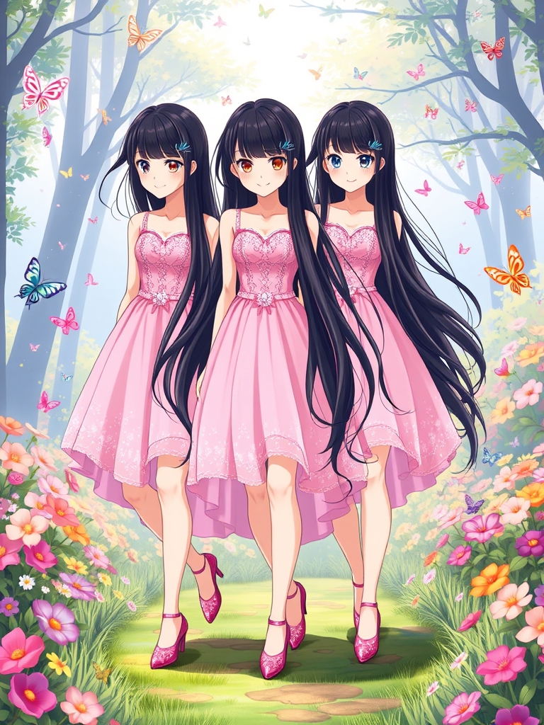 سه قلوها،سه تا خواهر سه قلو که خیلی شبیه هم هستند و موهای خیلی بلند و مشکی دارند و لباس صورتی و دامن دار و اکلیلی مانند پرنسس ها دارند و کفش های پاشنه دار صورتی و اکلیلی و براق دارند و پشت سر آنها جنگل پر از گل است و در حال قدم زدن هستند و پروانه های رنگارنگ اطراف آنهاست و زیر پای آنها گل های رنگارنگ است و انیمه هستند و مانند پرنسس ها هستند 12