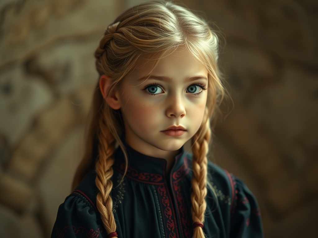 عکس یک دختر زیبا که چشم های سبز و صورتی گرد دارد و موهای طلایی بسیار بلند دارد با لباس محلی
3