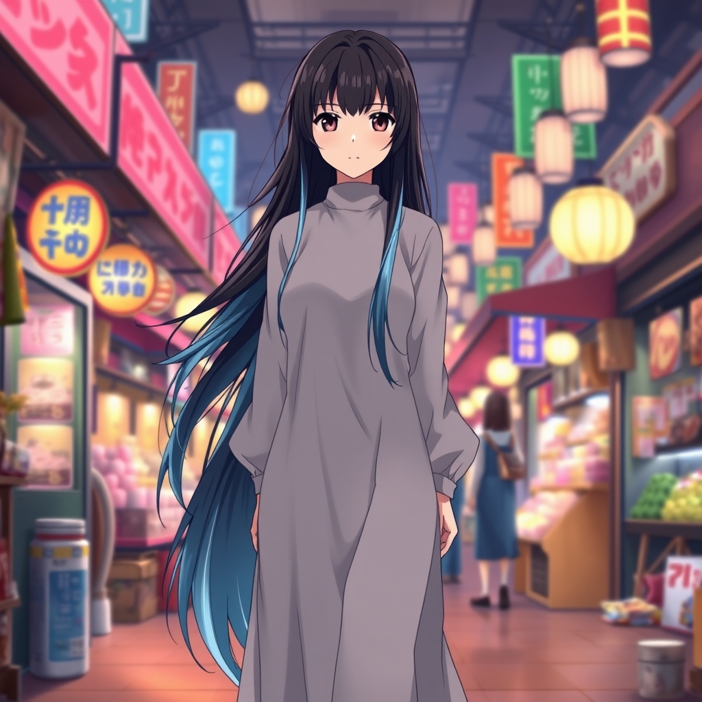 دختر با موهای خیلی بلند سیاه و پایین مو آبی درخشان کم رنگ در بازار شلوغ و پر نور3