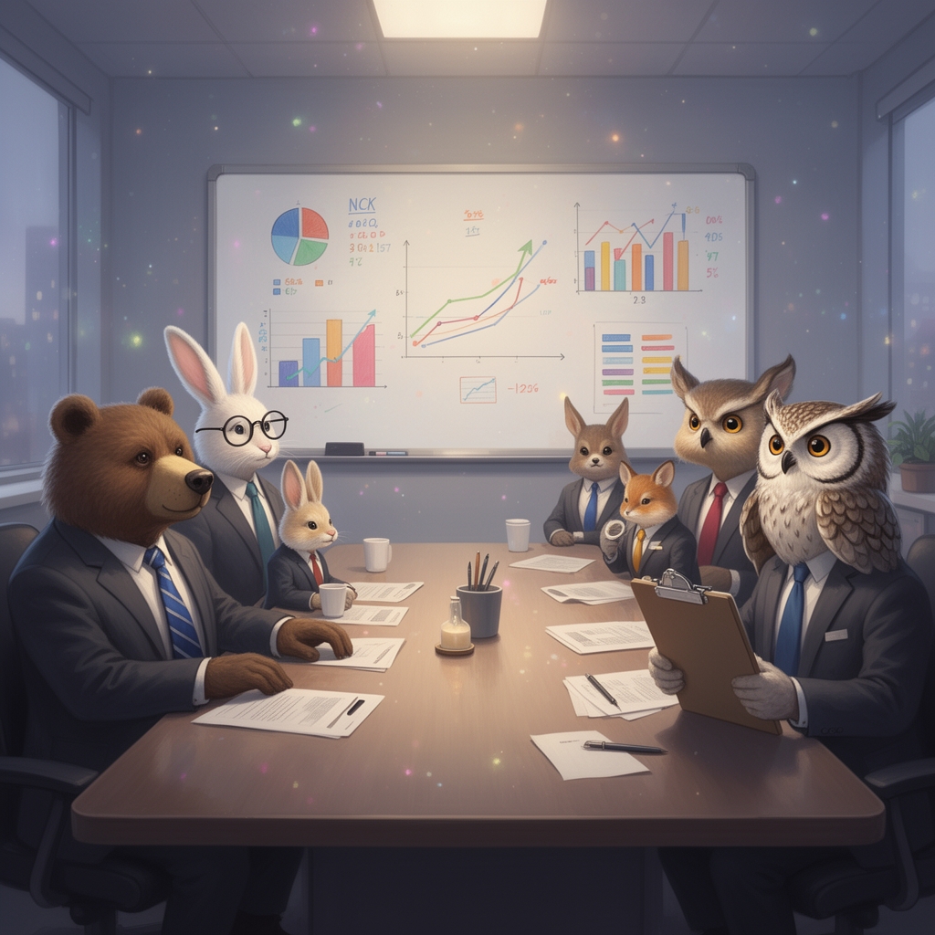 گروهی از حیوانات که کت و شلوار پوشیدهاند و در یک جلسه کاری دور میز نشستهاند، نمودارهای فروش روی تخته وایتبرد، بامزه.4