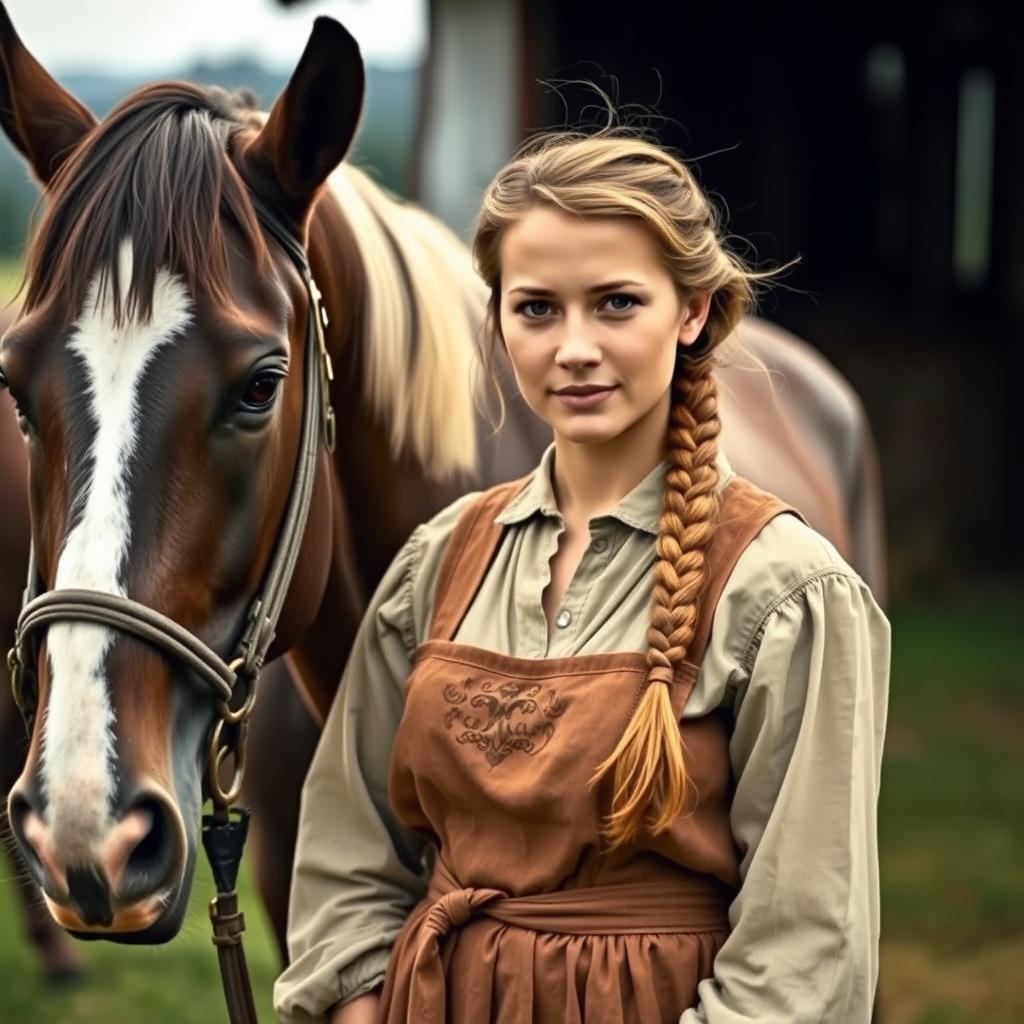 زن با موهای بافته کنار اسب و مزرعه0