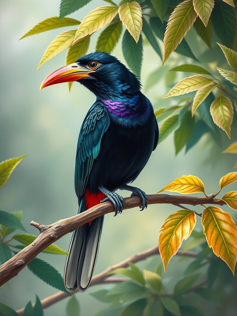 یک  دارکوب  زیبا و با رنگ های کمیاب در طبیعت زیبا بر شاخه ای نشته اس به سبک پست امپرسیونیسم 5