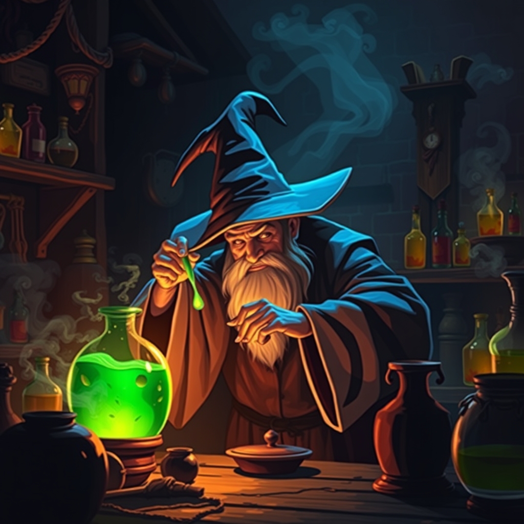 یک جادوگر اسرارآمیز در حال ساختن یک معجون درخشان در آزمایشگاهی تاریک و مهآلود.23