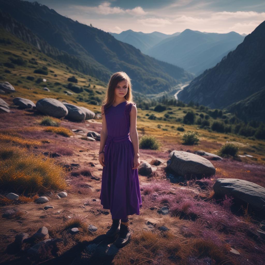 دختر ۱۳ ساله مومشکی در کوهستان شلوار جین ولباس چهارخونه بنفش1