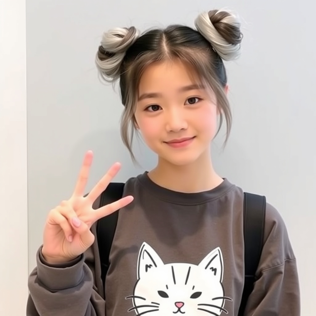 یک دختر کره ای ۲۰ ساله با یک تیشرت که عکس گربه داره با موهایی که خرگوشی بسته و پایین های موهاش به رنگ طوسیه و داره با یکی از دست هاش علامت✌️رو نشون میده و خیلی کیوته15