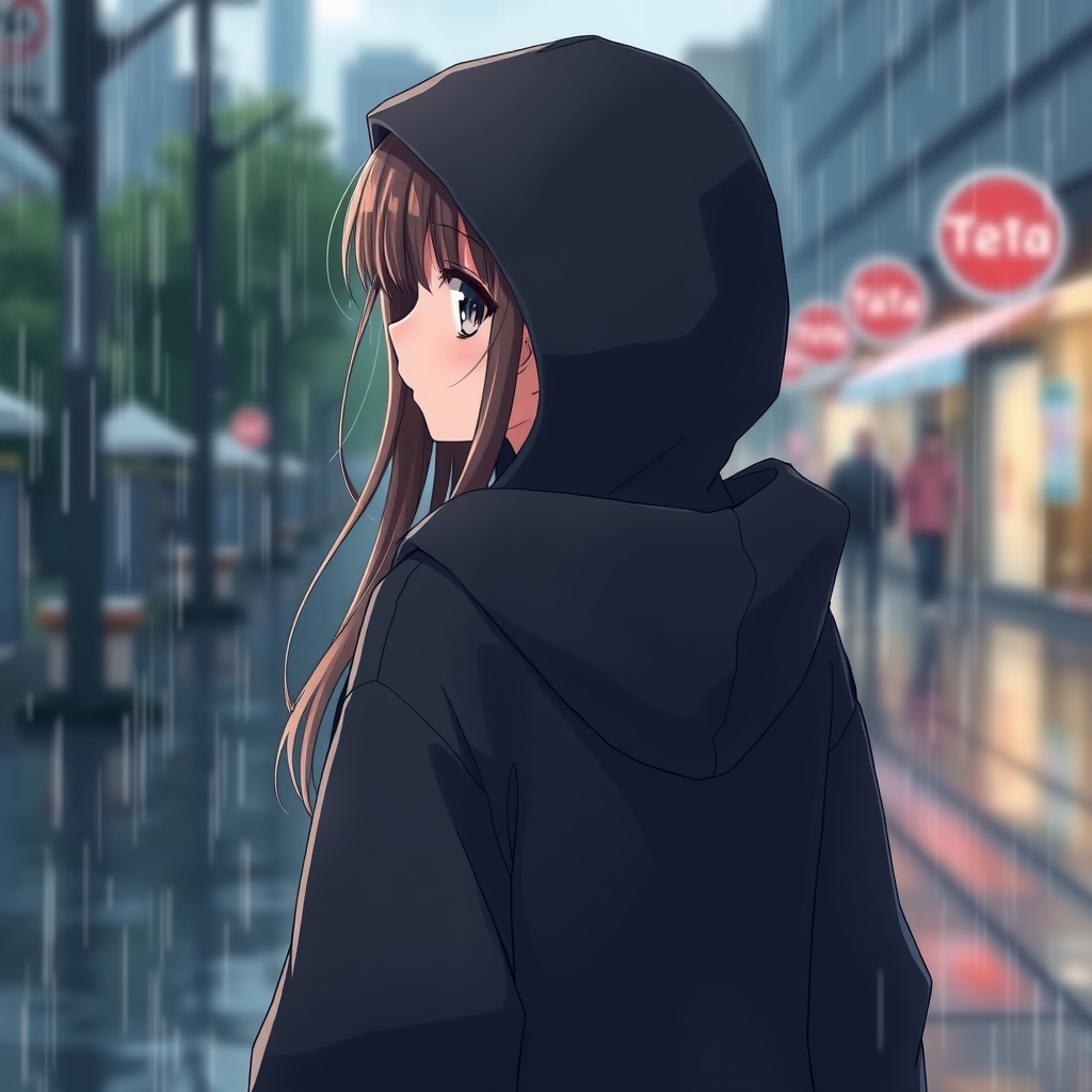 دختری زیبا ۱۲ ساله که یک هودی سورمه ای به تن دارد و پشت به دوربین با مو های بلند بسته شده در زیر باران قدم میزند 18