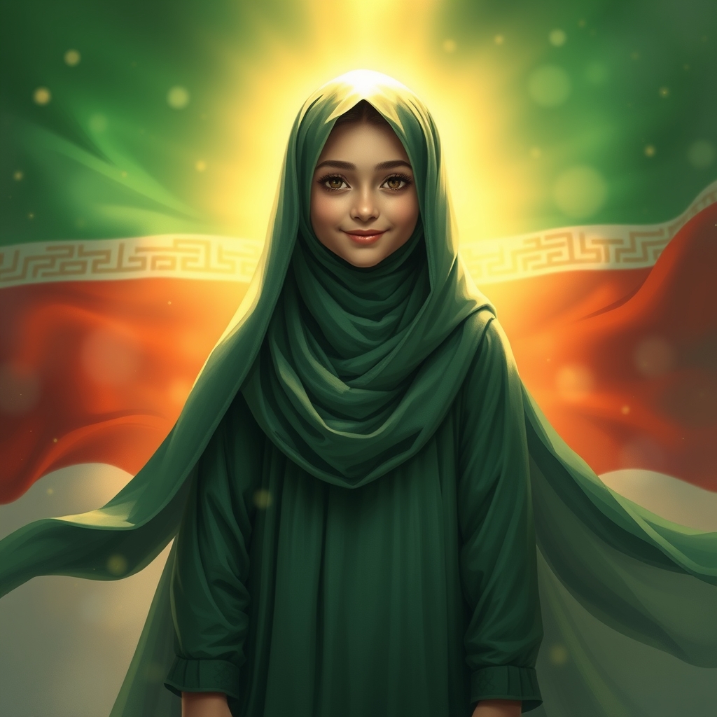 A pretty Iranian Muslim girl wearing a green dress. She is veiled completely. Her hair cannot be seen. She is smiling. The flag of Islamic republic of Iran is behind her. We can see light around her face.12