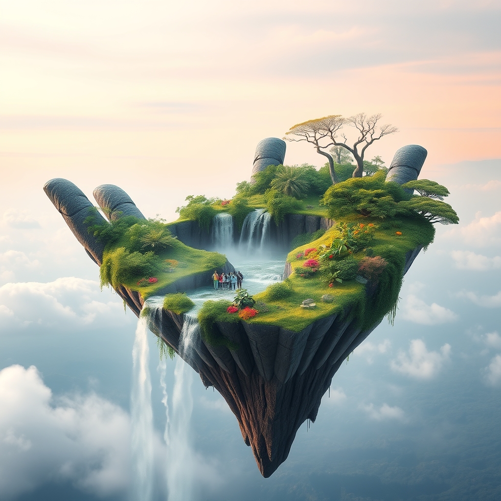 یک جزیره شناور سورئال به شکل دست، با آبشارهایی که از انگشتان جاری میشوند.4