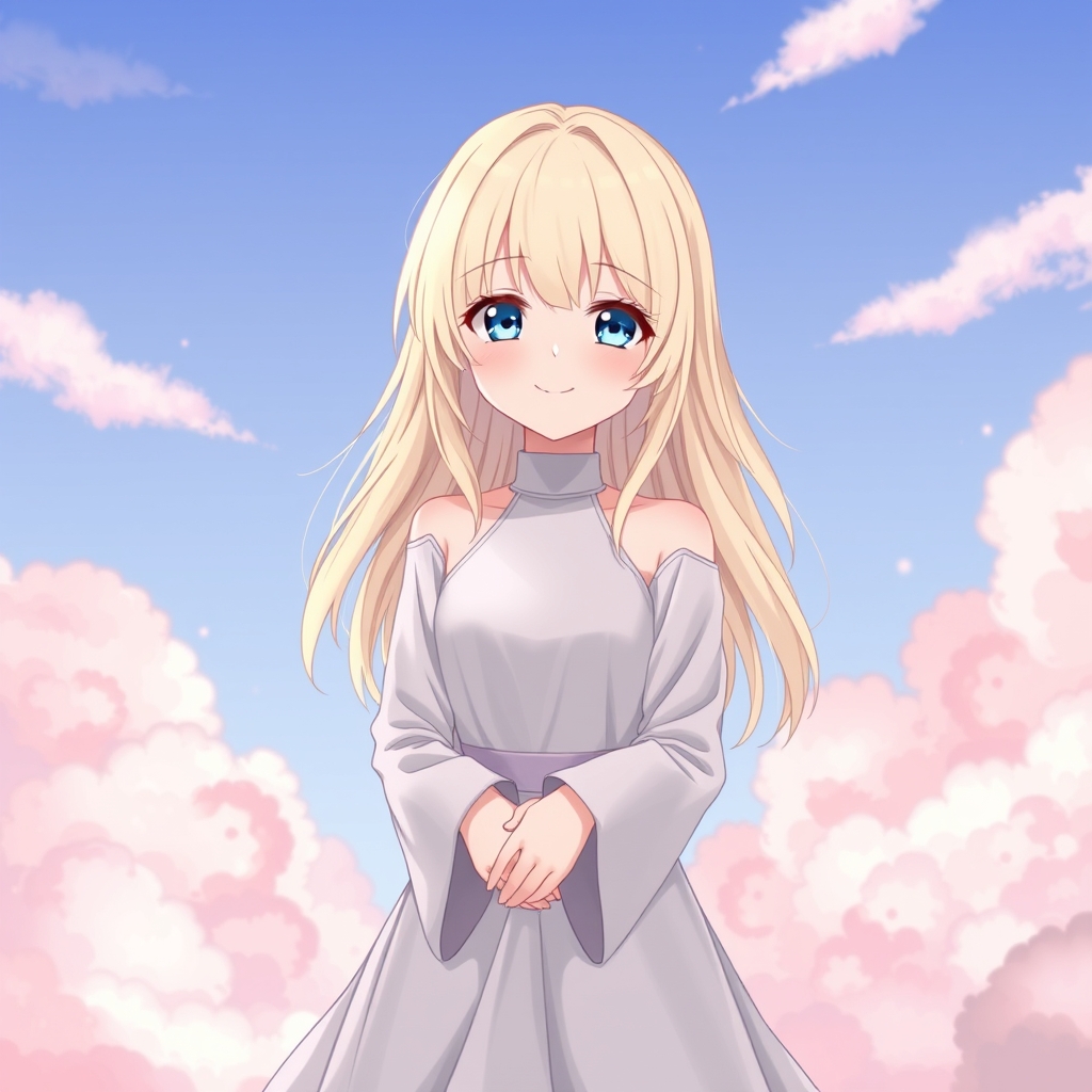 یک انیمه صورتی بسیار بسیار زیبا در میان ابر ها و موی طلایی کمرنگ و چشمان آبی لبخند می زند18