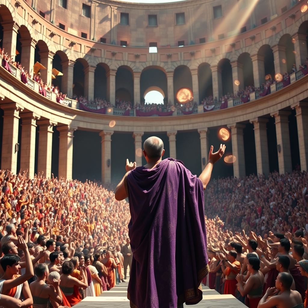 یک فرمانروای رومی در کولوسئوم در حال سخنرانی برای تماشاگران، نمایش عظمت و قدرت امپراتوری روم و القای یک لحظه تاریخی20