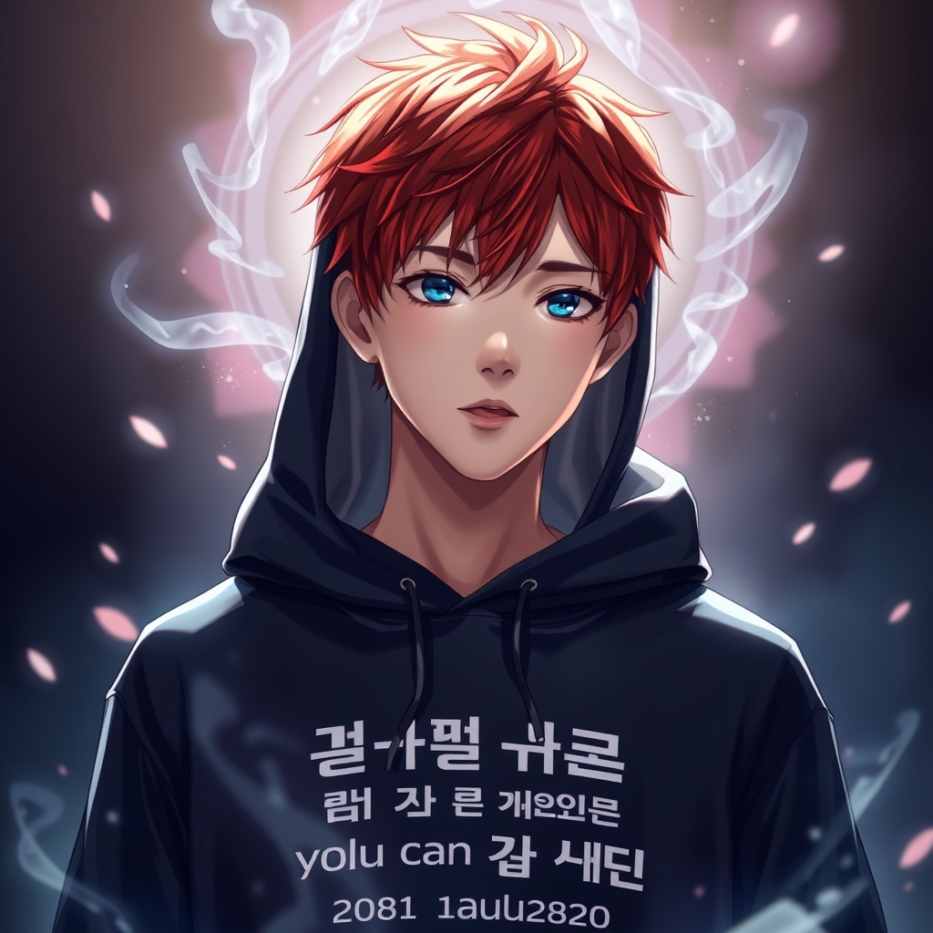 یک پسر ژاپنی با هودی مشکی که روی هودی نوشته خودتو تو آینه نگاه کن تو میتونی آیندت رو بسازی این نوشتت به زبان کره ای نوشته شده این پسر ۲۰ ساله است و چشم هایی به رنگ آبی داره و موهایی به رنگ قرمز 10