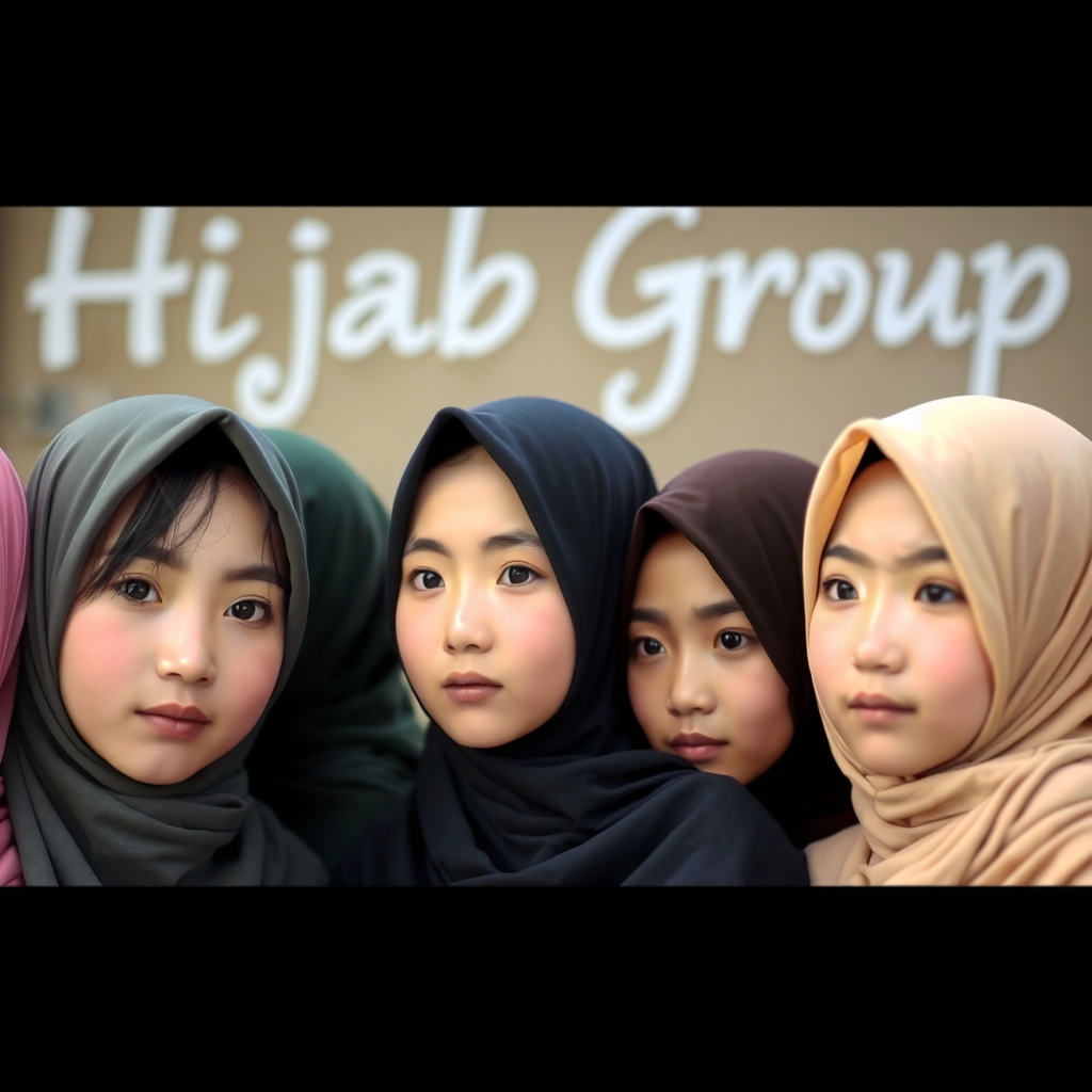 شش دختر با حجاب کره ای که مو هایشان از شال بیرون است و پوست سفیدی دارند و پشت سرشان به صورت تار و انگلیسی نوشته باشد گروه حجاب8