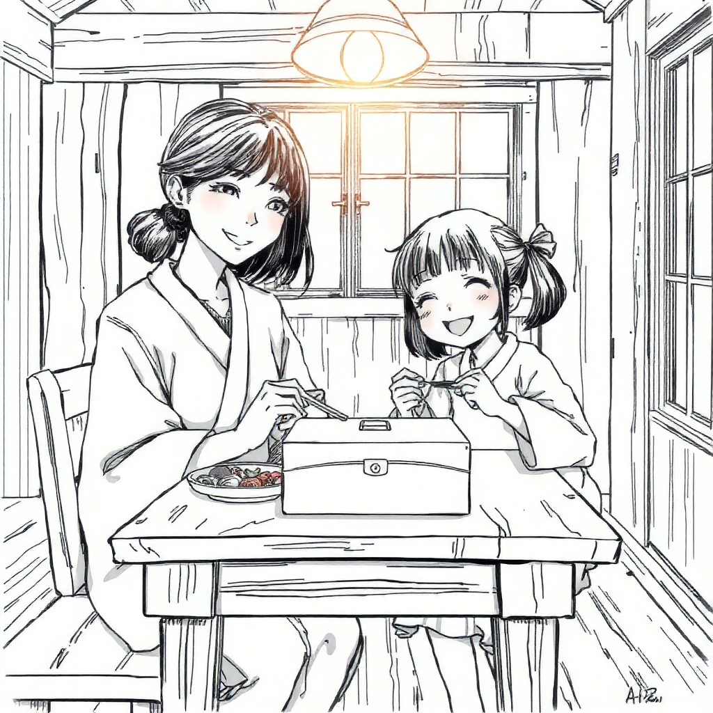 تصویری از یک زن و یک دختر ۵ ساله که در کلبه ای چوبی در حال خوردن شام هستند روی صندلی نشسته اند دور میز و با هم خوشحالند
و روی میز یک جعبهی چوبی بسیار زیبا وجود دارد
در ژاپن13